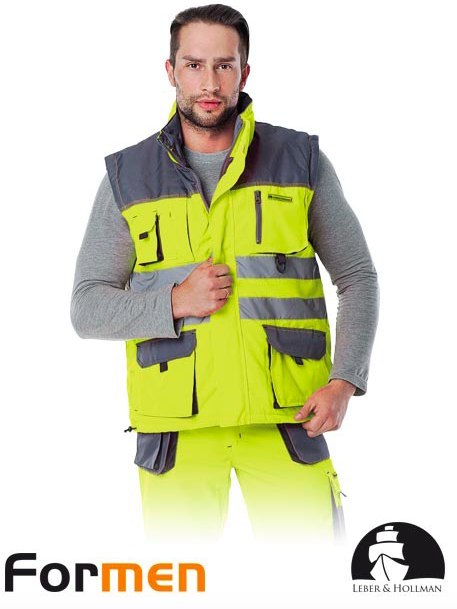 ŻÓŁTO-SZARA KAMIZELKA ROBOCZA OCIEPLANA OSTRZEGAWCZA Z PASAMI ODBLAKSOWYMI NA ZIMĘ DLA DROGOWCÓW MAGAZYNIERÓW KIEROWCÓW