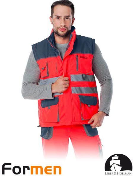 CZEROWNO-SZARA KAMIZELKA ROBOCZA OCIEPLANA OSTRZEGAWCZA Z PASAMI ODBLAKSOWYMI NA ZIMĘ DLA DROGOWCÓW MAGAZYNIERÓW KIEROWCÓW