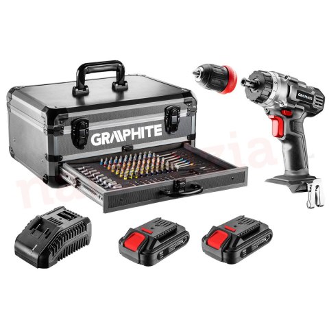 58G022-PS15 GRAPHITE ZESTAW ENERGY+ W WALIZCE ALUMINIOWEJ: WIERTARKO WKRĘTARKA 2X18V/2.0AH, 10 MM, ZDEJMOWANY UCHWYT + 109 AKCES