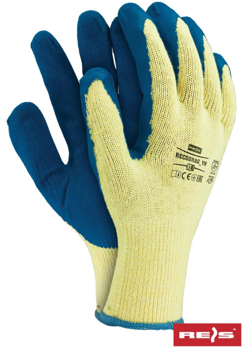 tanie rękawice bhp budowlane Reis Recodrag powlekane gumą żółto-niebieskie tanie rękawice bhp budowlane Reis Recodrag powlekane gumą żółto-niebieskie