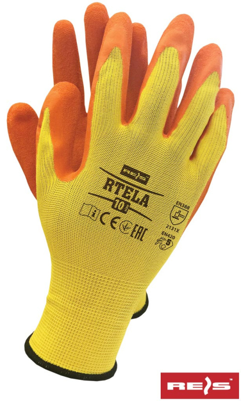 Reis RTELA lateks rękawice bhp powlekane lateksem żółto-pomarańczowe Reis RTELA lateks rękawice bhp powlekane lateksem żółto-pomarańczowe