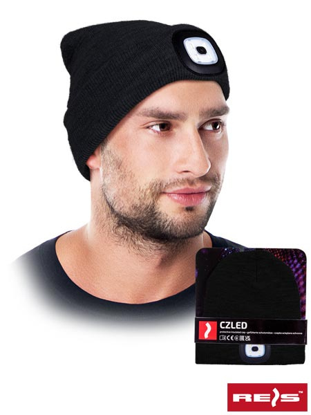 czapka robocza zimowa z latarką LED Reis czarna