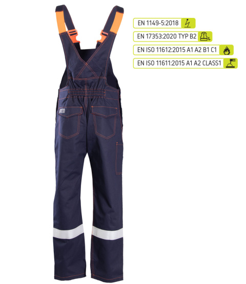 Polstar Profflam Antistatic spodnie robocze ogrodniczki trudnopalne z pasami odblaskowymi kat.II Polstar Profflam Antistatic spodnie robocze ogrodniczki trudnopalne z pasami odblaskowymi kat.II