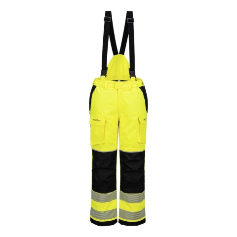 spodnie robocze ogrodniczki zimowe trudnopalne i ostrzegawcze PW3 Modaflame Rain FR426 Portwest żółto-czarne
