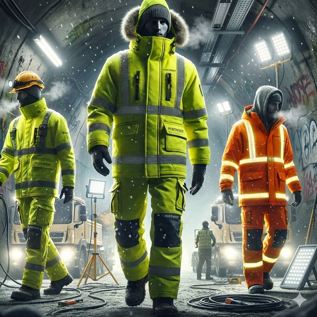 Zimowa odzież robocza Portwest dla ekip naprawiających oświetlenie przejść podziemnych i tuneli pieszych — widoczność i wentylacja w zamkniętych przestrzeniach